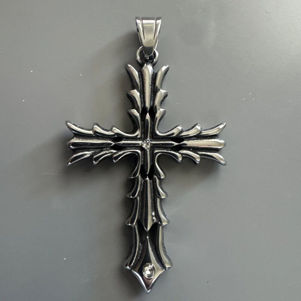 Stainless Steel Cross Pendant 24” Chain Viking Vintage Unisex Cubic Zirconia